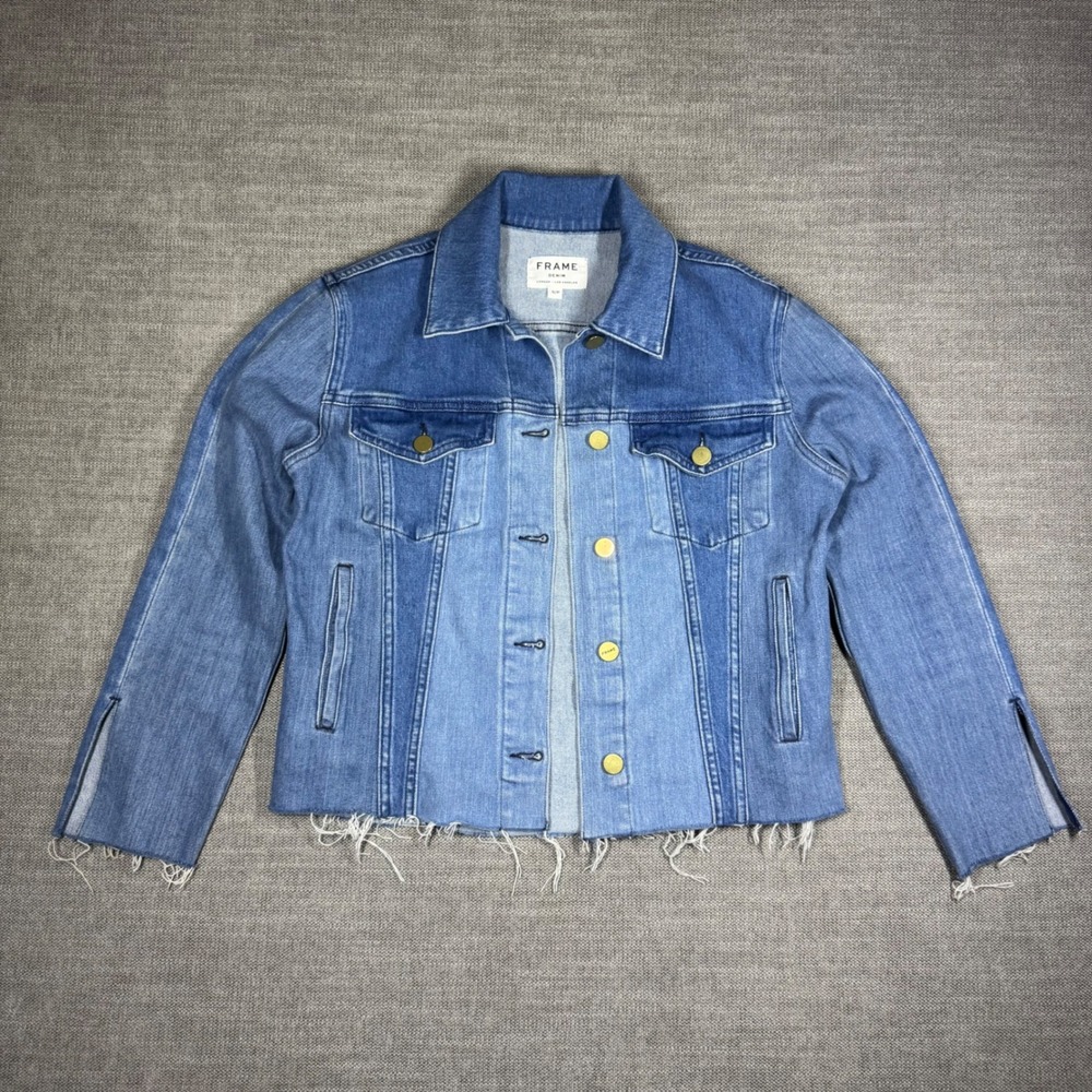 FRAME Denim Le Vintage Jacket Two Tone Paneled Raw Hem Small $598‎